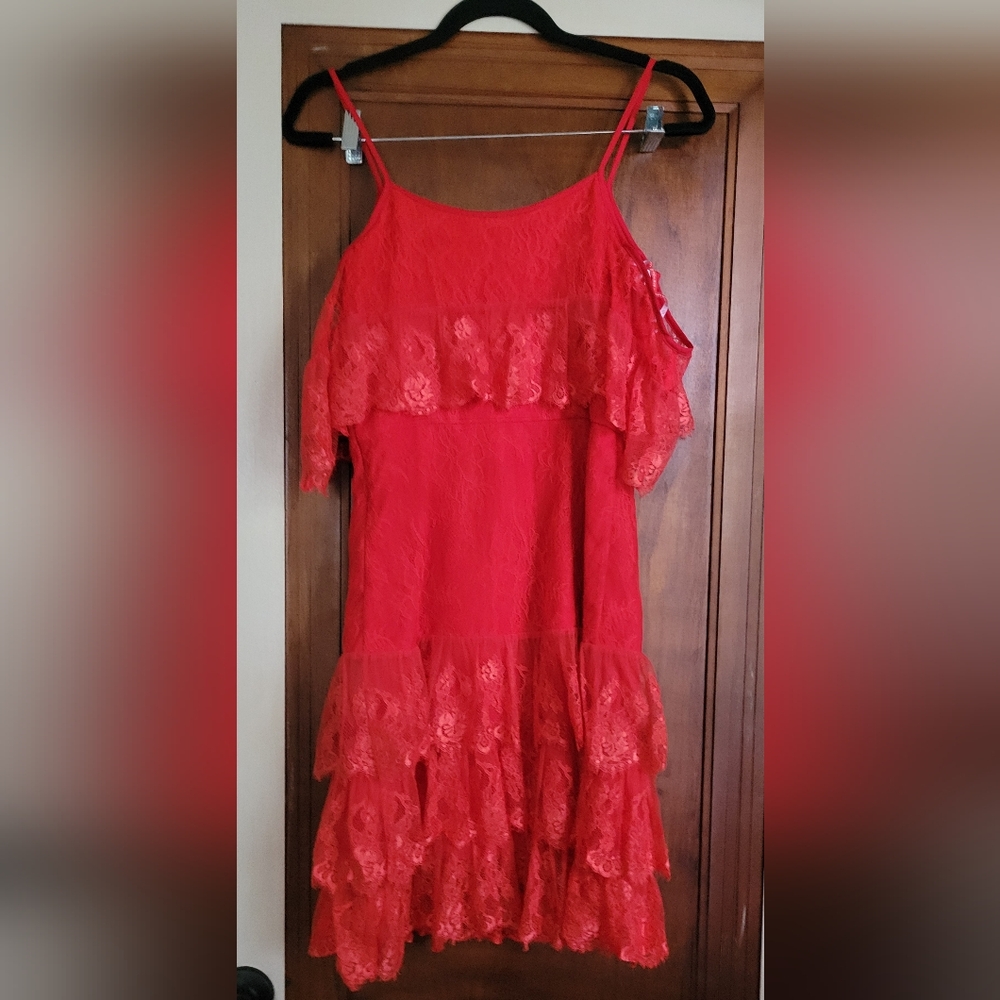 C Monique Lhuillier Red Ruffled Tiered Mini Dress
